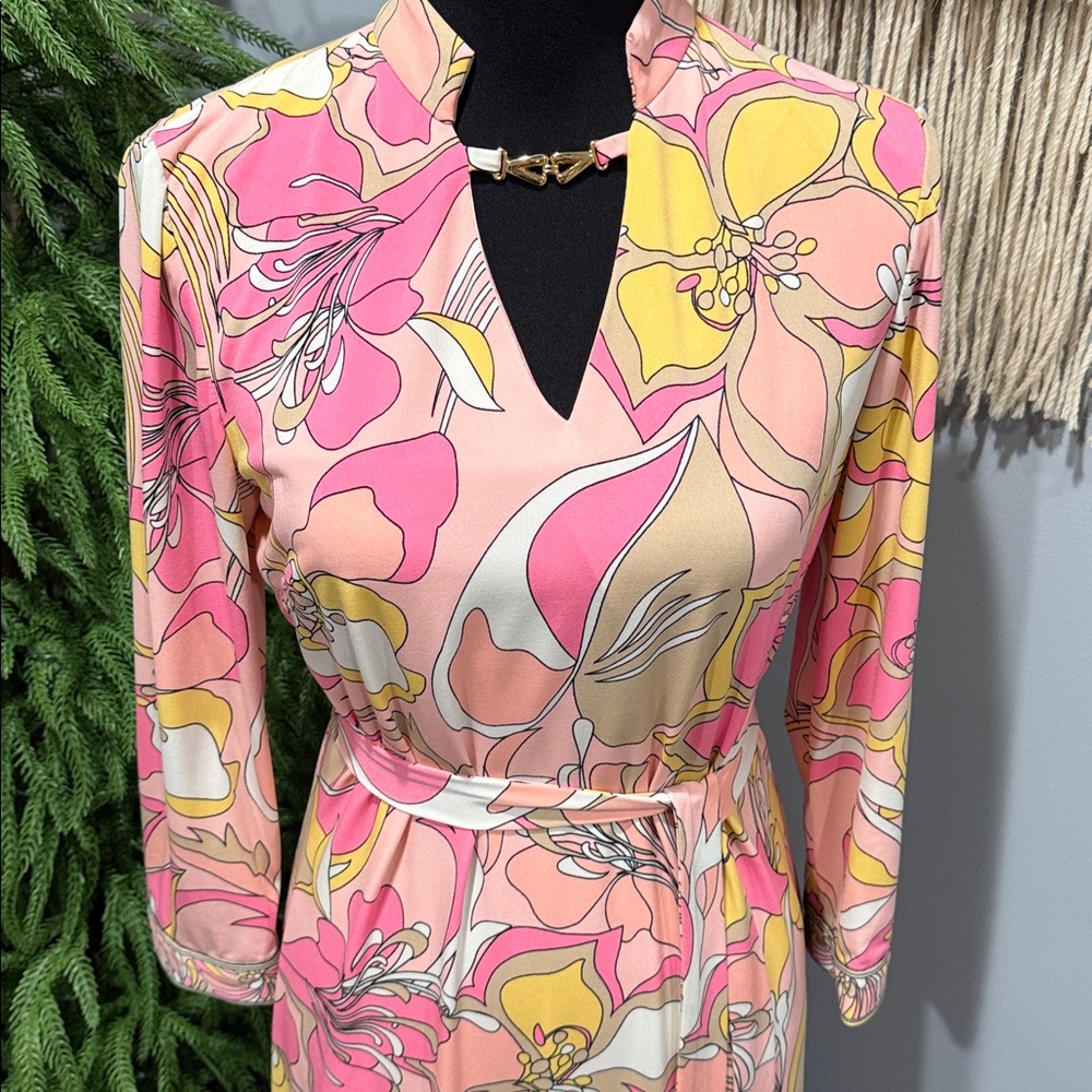 Tahari Arthur S. Levine Floral Sheath Dress Pink Yellow Size 4 Belted Retro Mod - Picture 3 of 8